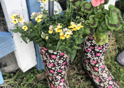 Two Wellington boots planted with flowers