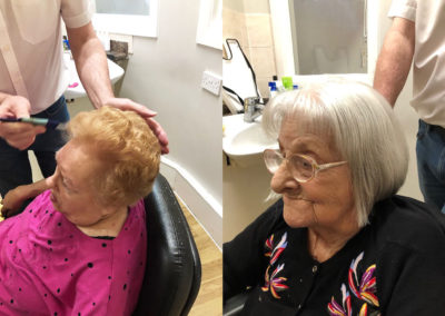 Two lady residents at Bromley Park being pampered by Hairdresser Rob