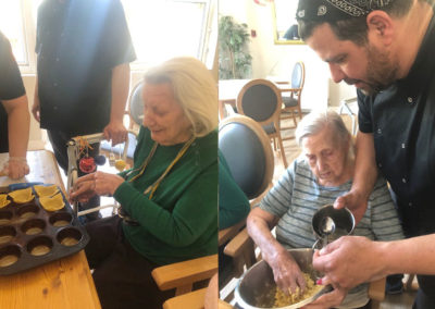 Bromley Park Care Home residents helping make the pastry and lay the cherry pie bases in the greased tins