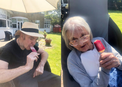 Two residents enjoying ice creams outside at Bromley Park Care Home