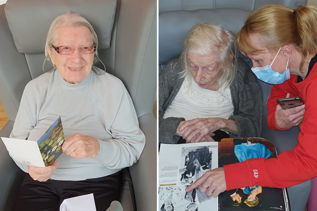 Bromley Park Care Home residents enjoying reading a letter and a magazine