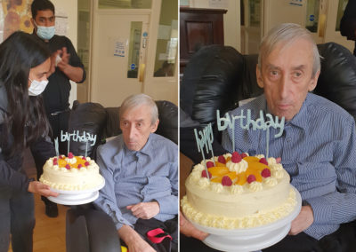 Resident with his birthday cake at Bromley Park Care Home