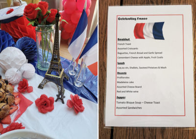 French table setting and themed menu at Bromley Park Care Home