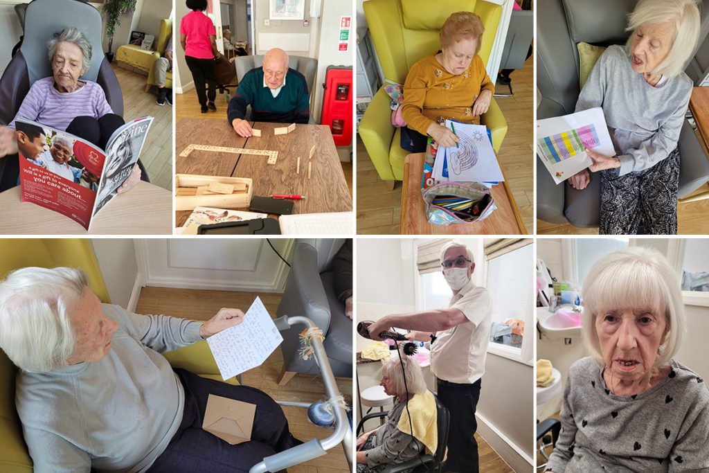 Residents relaxing with pastimes and hairdressing at Bromley Park Care Home