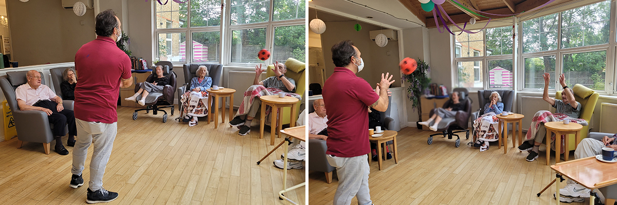 Residents at Bromley Park Care Home playing catch with a staff member