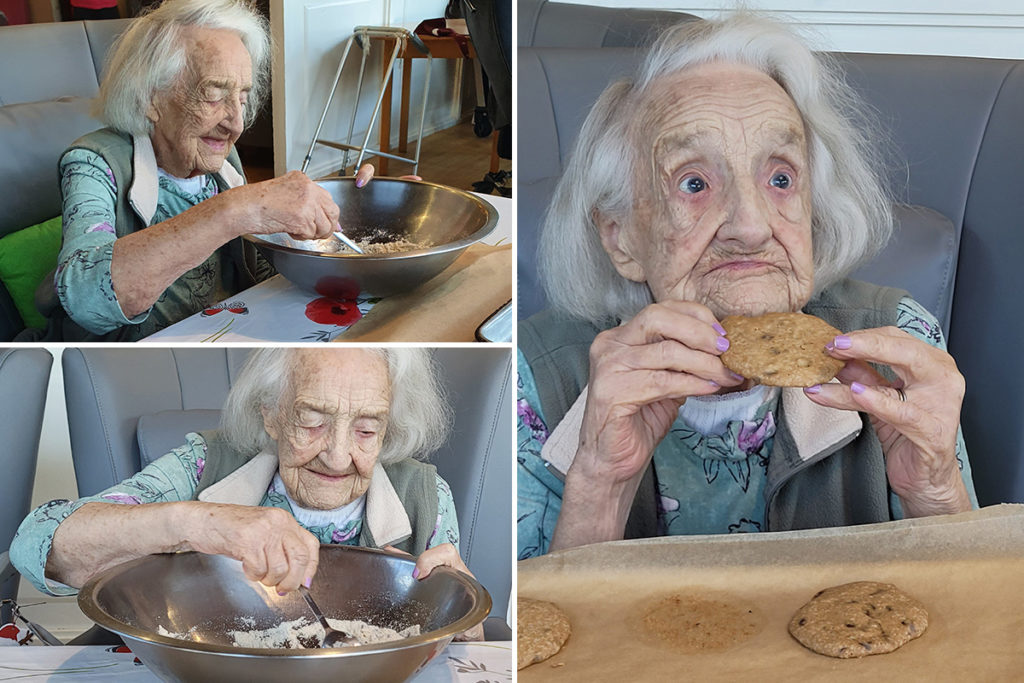 Bromley Park Care Home resident making and tasting her biscuits