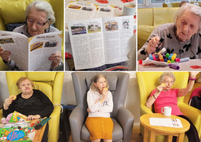 Bromley Park Care Home resident reading the Weekly Sparkle and ladies enjoying tea and biscuits