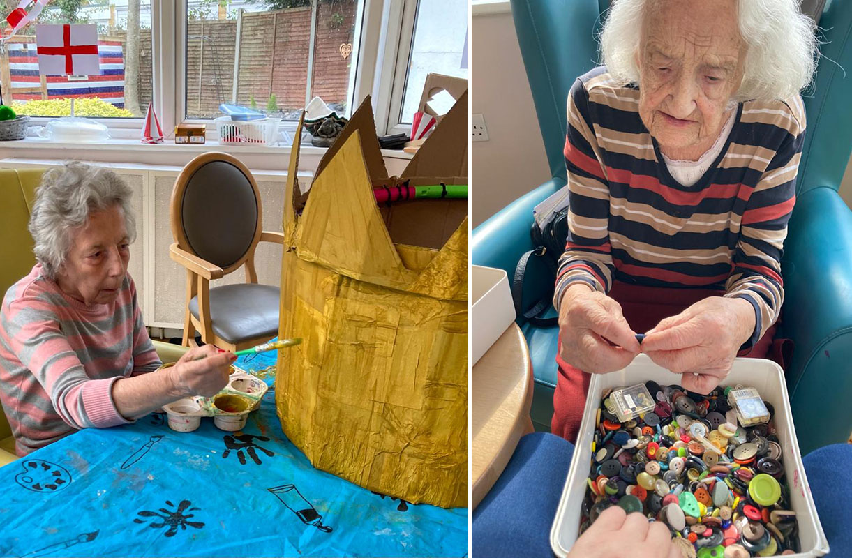 Crown painting and sorting through buttons at Bromley Park Care Home 